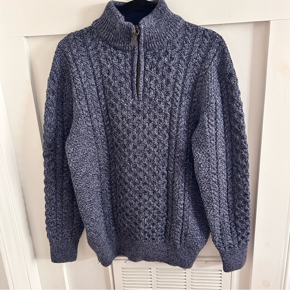 Aran Troyer Wool Men's 1/4 Zip blue Sweater​ Jumper Large